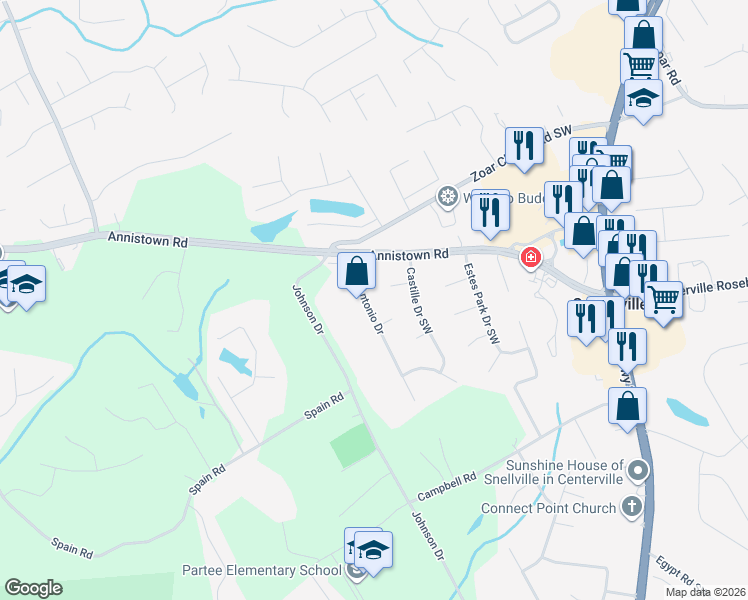 map of restaurants, bars, coffee shops, grocery stores, and more near 3356 San Antonio Drive in Snellville