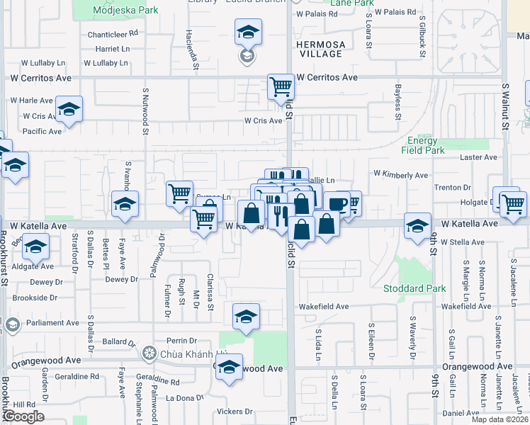 map of restaurants, bars, coffee shops, grocery stores, and more near 1738 South Varna Street in Anaheim
