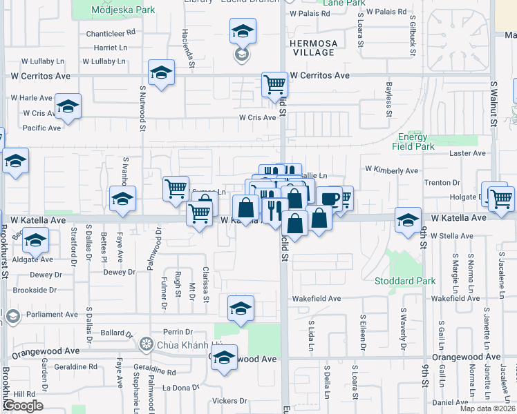 map of restaurants, bars, coffee shops, grocery stores, and more near 1738 South Varna Street in Anaheim