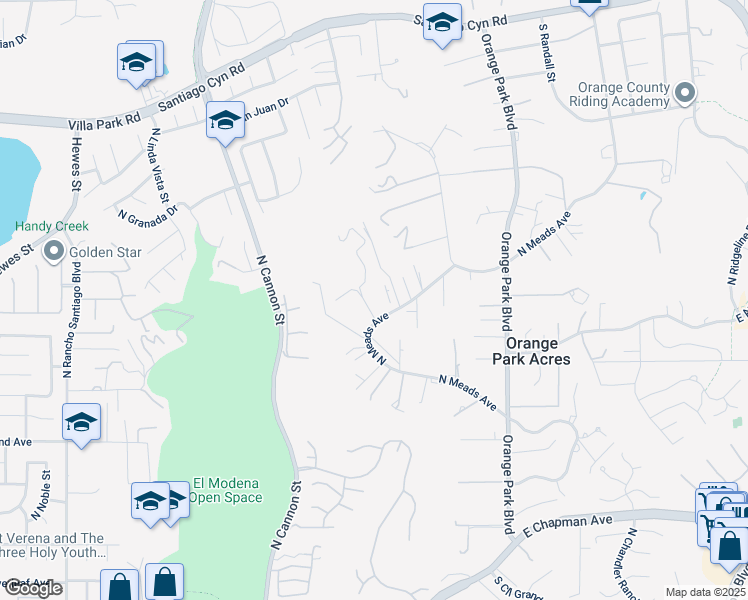 map of restaurants, bars, coffee shops, grocery stores, and more near 10911 North Meads Avenue in Orange