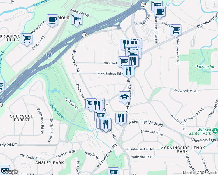 map of restaurants, bars, coffee shops, grocery stores, and more near 549 Allen Road Northeast in Atlanta