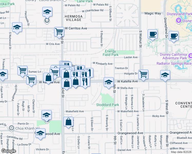 map of restaurants, bars, coffee shops, grocery stores, and more near 1724 South Angel Court in Anaheim