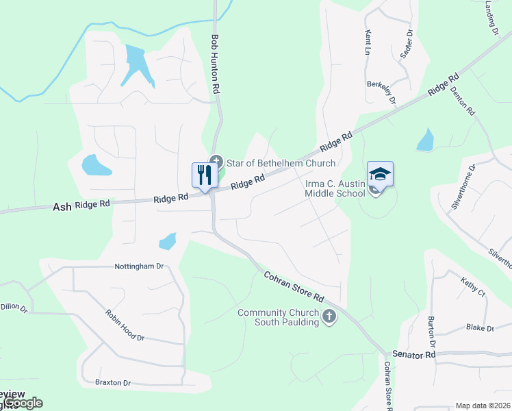 map of restaurants, bars, coffee shops, grocery stores, and more near 192 Peggy Meadows Way in Douglasville