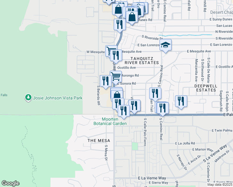 map of restaurants, bars, coffee shops, grocery stores, and more near 1502 South Palm Canyon Drive in Palm Springs
