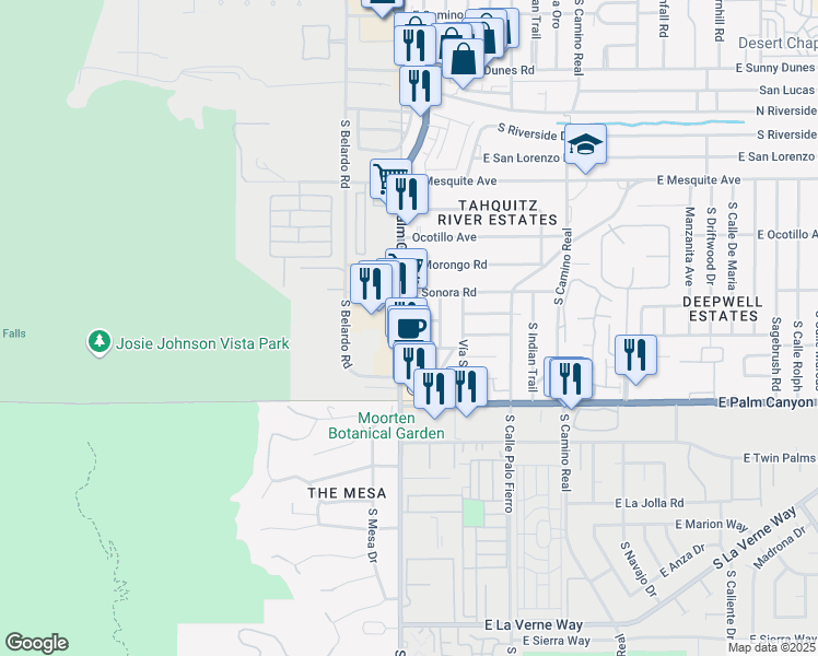 map of restaurants, bars, coffee shops, grocery stores, and more near 1502 South Palm Canyon Drive in Palm Springs