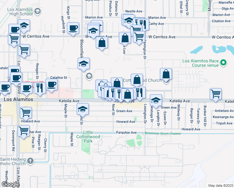 map of restaurants, bars, coffee shops, grocery stores, and more near 10928 Portal Drive in Los Alamitos