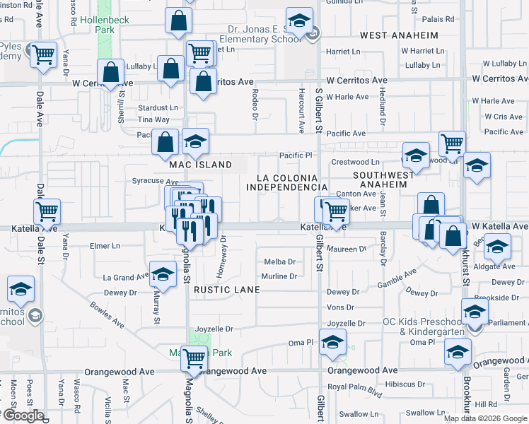 map of restaurants, bars, coffee shops, grocery stores, and more near 10911 Garza Avenue in Anaheim