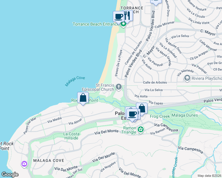 map of restaurants, bars, coffee shops, grocery stores, and more near 2109 Rosita Place in Palos Verdes Estates