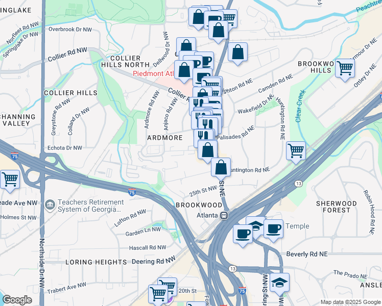 map of restaurants, bars, coffee shops, grocery stores, and more near 112 Ardmore Place Northwest in Atlanta