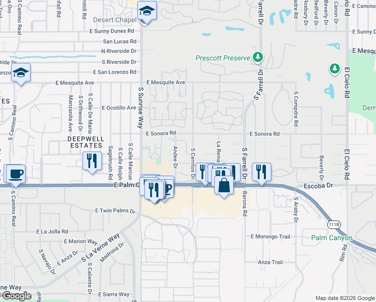 map of restaurants, bars, coffee shops, grocery stores, and more near 1484 Versailles Drive in Palm Springs