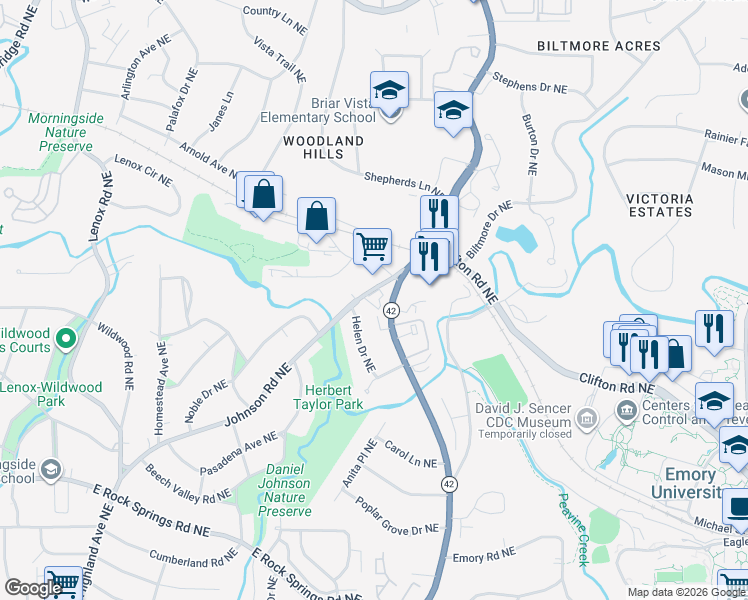 map of restaurants, bars, coffee shops, grocery stores, and more near 1879 Johnson Road Northeast in Atlanta