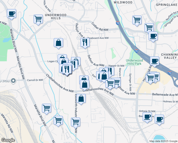 map of restaurants, bars, coffee shops, grocery stores, and more near 1824 Defoor Avenue Northwest in Atlanta