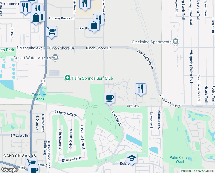 map of restaurants, bars, coffee shops, grocery stores, and more near 1597 Fairway Circle in Palm Springs
