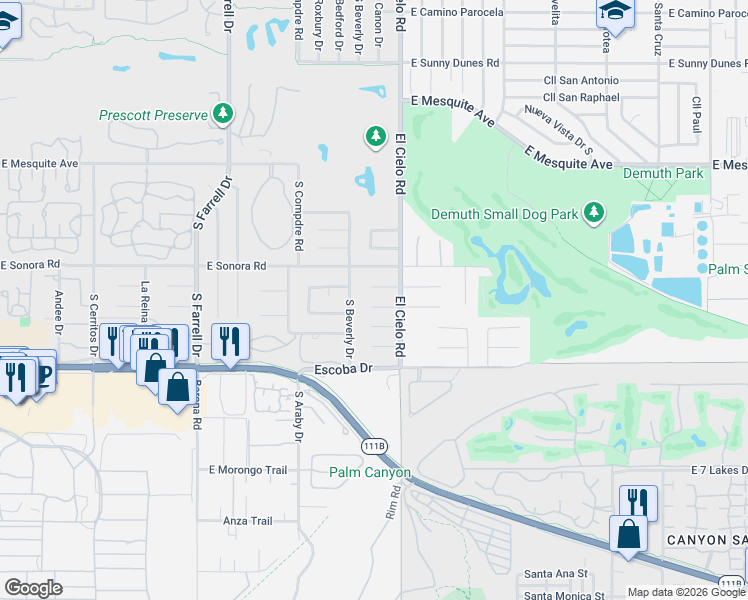 map of restaurants, bars, coffee shops, grocery stores, and more near 1500 South Beverly Drive in Palm Springs