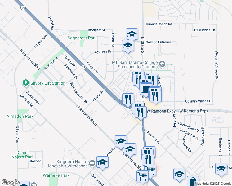 map of restaurants, bars, coffee shops, grocery stores, and more near 965 Acorn Drive in San Jacinto
