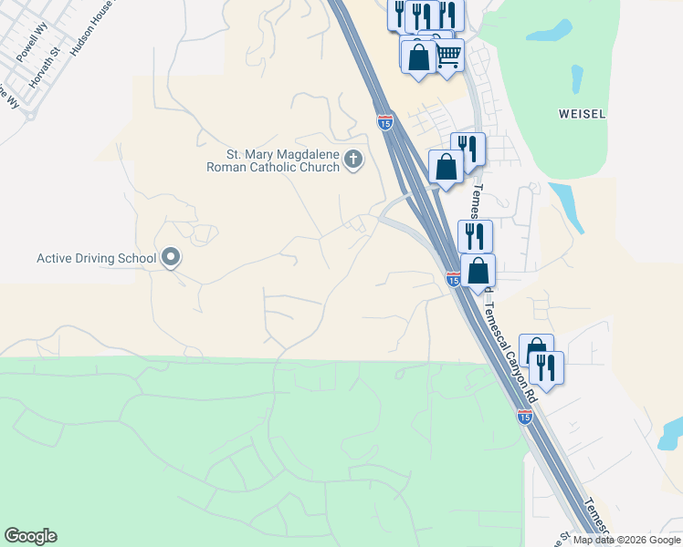 map of restaurants, bars, coffee shops, grocery stores, and more near 8451 Weirick Road in Corona