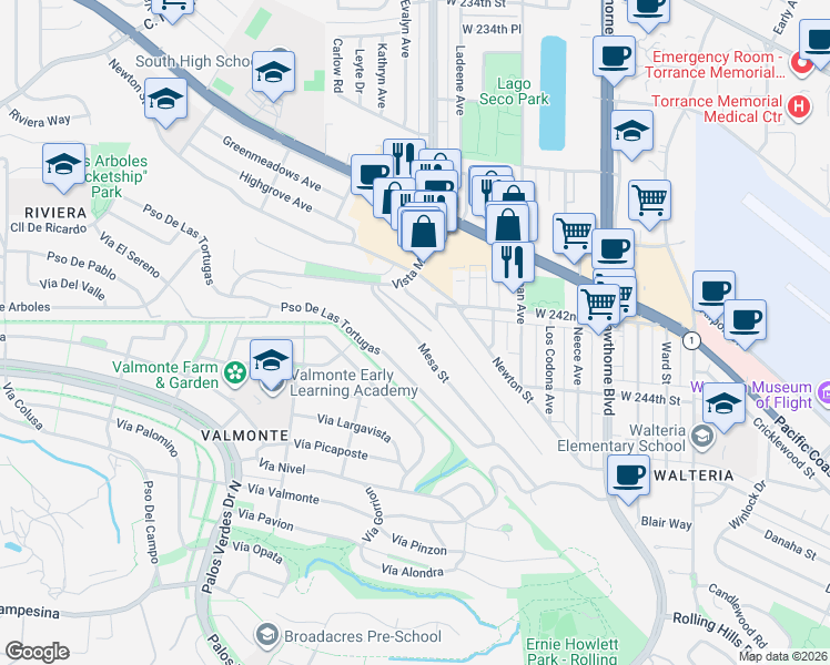 map of restaurants, bars, coffee shops, grocery stores, and more near 4229 Mesa Street in Torrance
