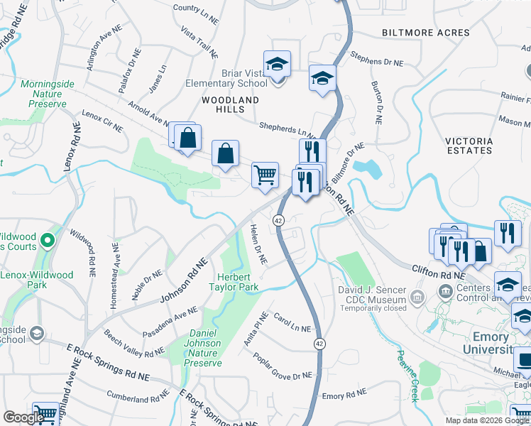 map of restaurants, bars, coffee shops, grocery stores, and more near 1879 Johnson Road Northeast in Atlanta