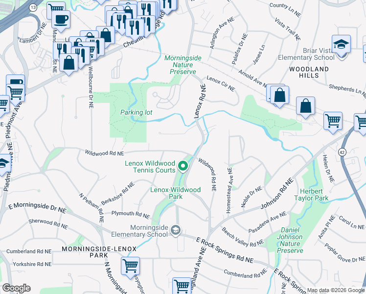 map of restaurants, bars, coffee shops, grocery stores, and more near 1060 Wildwood Road Northeast in Atlanta