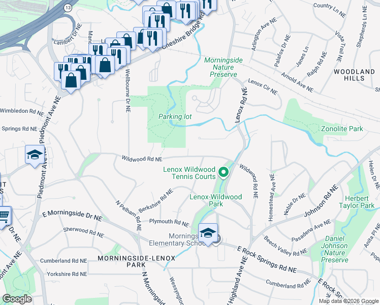 map of restaurants, bars, coffee shops, grocery stores, and more near 988 Wildwood Road Northeast in Atlanta