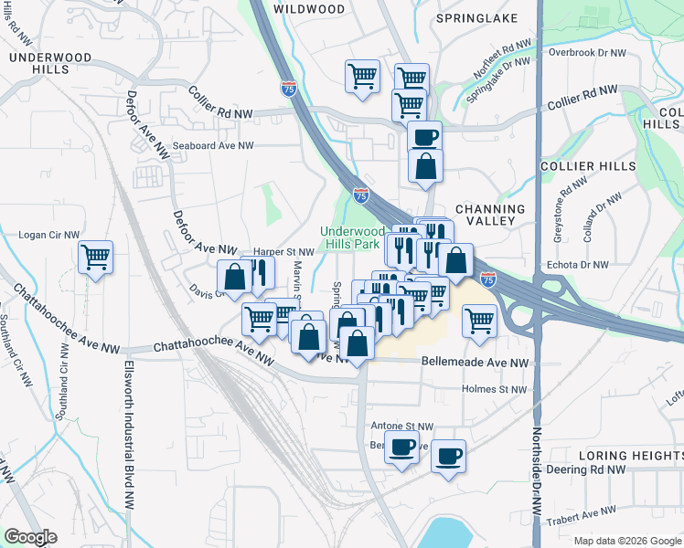 map of restaurants, bars, coffee shops, grocery stores, and more near 1775 Springer Street Northwest in Atlanta