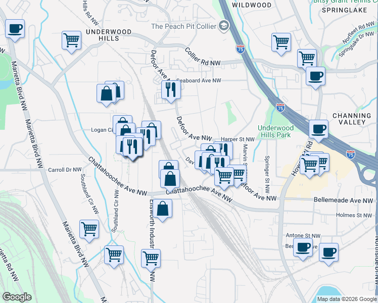 map of restaurants, bars, coffee shops, grocery stores, and more near 1824 Defoor Avenue Northwest in Atlanta
