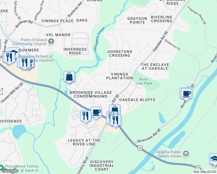 map of restaurants, bars, coffee shops, grocery stores, and more near 5925 Brookside Drive Southeast in Mableton