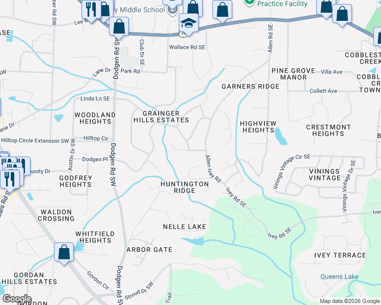 map of restaurants, bars, coffee shops, grocery stores, and more near 85 Regency Way Southeast in Mableton