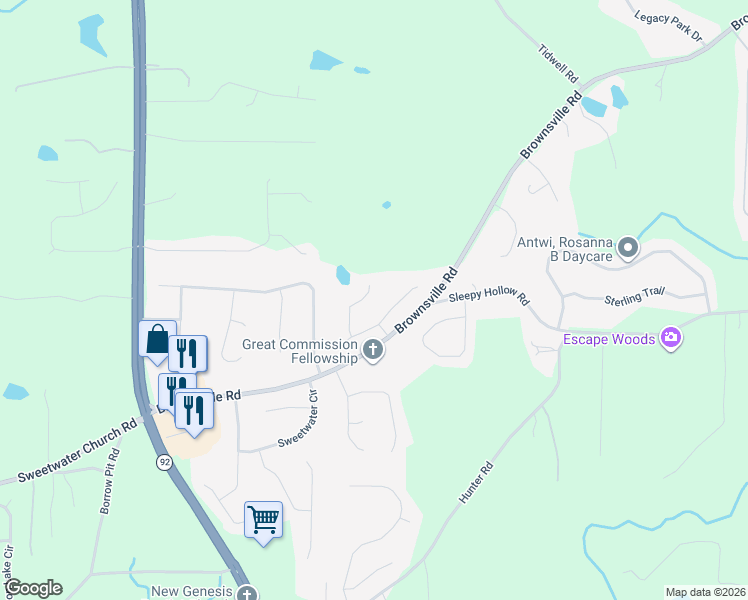 map of restaurants, bars, coffee shops, grocery stores, and more near 138 Mercy Way in Powder Springs
