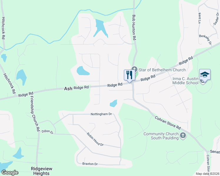 map of restaurants, bars, coffee shops, grocery stores, and more near 220 Ridgefield Drive in Douglasville