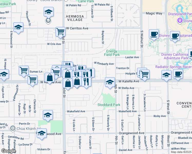 map of restaurants, bars, coffee shops, grocery stores, and more near 1723 South Angel Court in Anaheim
