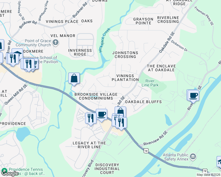 map of restaurants, bars, coffee shops, grocery stores, and more near 5925 Brookside Drive Southeast in Mableton