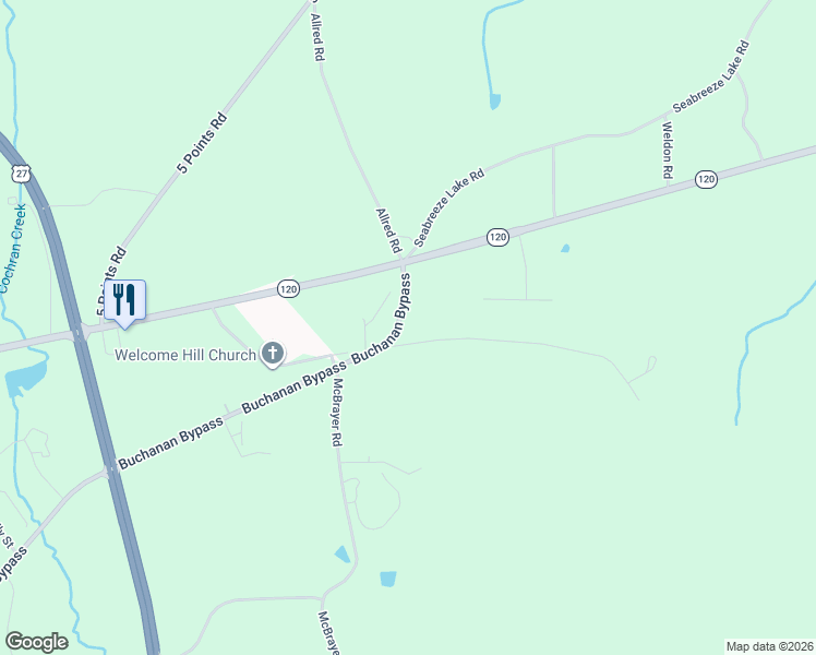 map of restaurants, bars, coffee shops, grocery stores, and more near 723 Buchanan Bypass in Buchanan