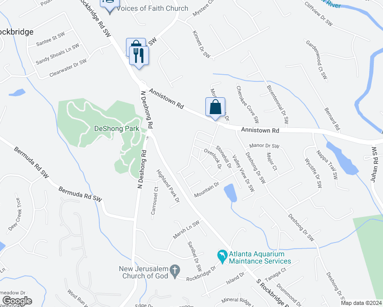 map of restaurants, bars, coffee shops, grocery stores, and more near 194 Mountain Drive in Stone Mountain