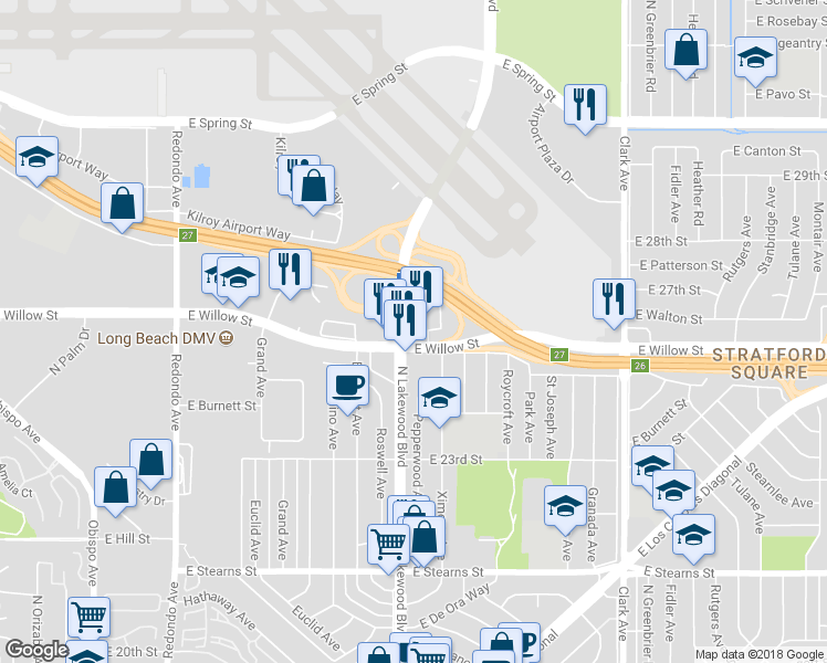 map of restaurants, bars, coffee shops, grocery stores, and more near 2610 North Lakewood Boulevard in Long Beach
