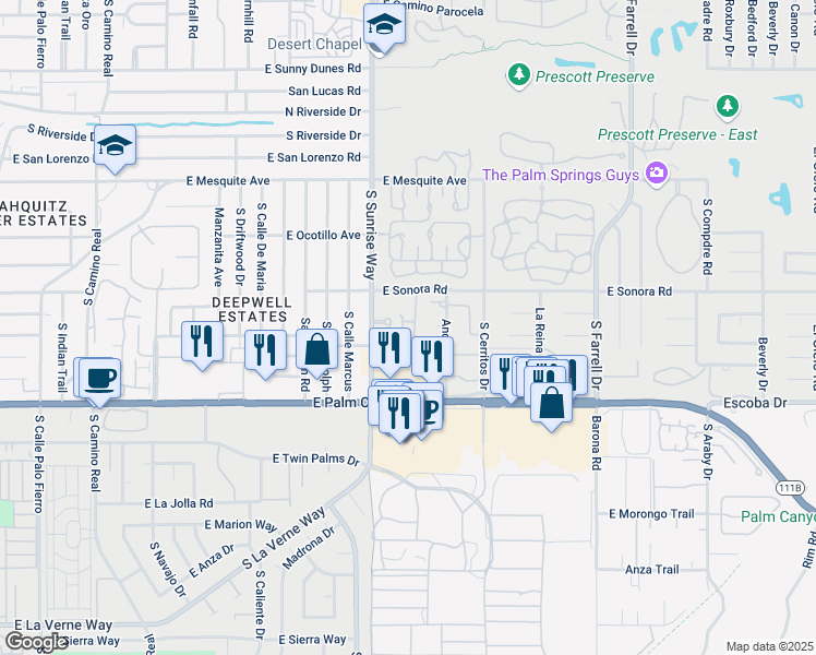 map of restaurants, bars, coffee shops, grocery stores, and more near 1730 Capri Circle in Palm Springs