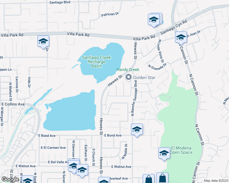 map of restaurants, bars, coffee shops, grocery stores, and more near 1002 North Sonora Circle in Orange