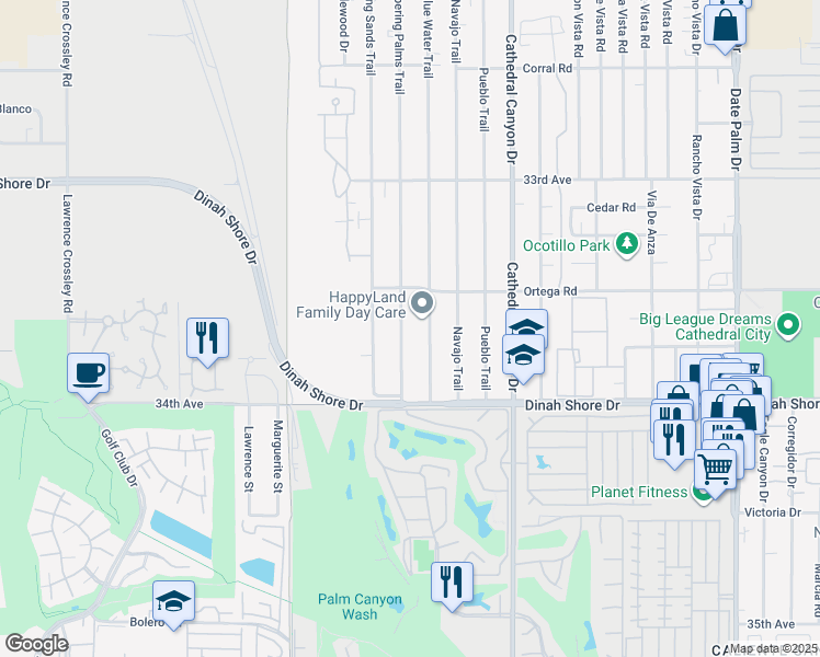 map of restaurants, bars, coffee shops, grocery stores, and more near 33609 Sky Blue Water Trail in Cathedral City
