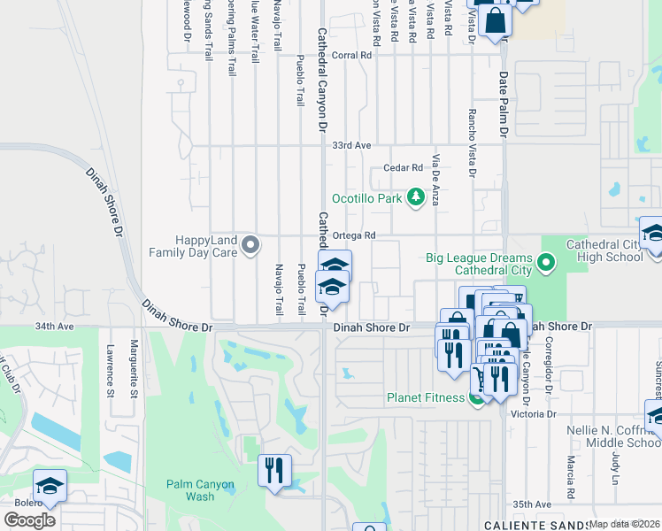 map of restaurants, bars, coffee shops, grocery stores, and more near 33650 Cathedral Canyon Drive in Cathedral City