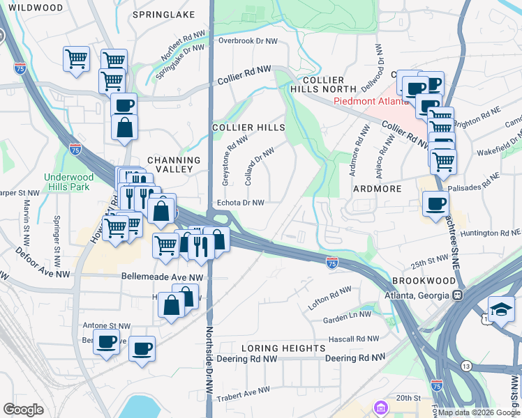 map of restaurants, bars, coffee shops, grocery stores, and more near 510 Echota Drive Northwest in Atlanta