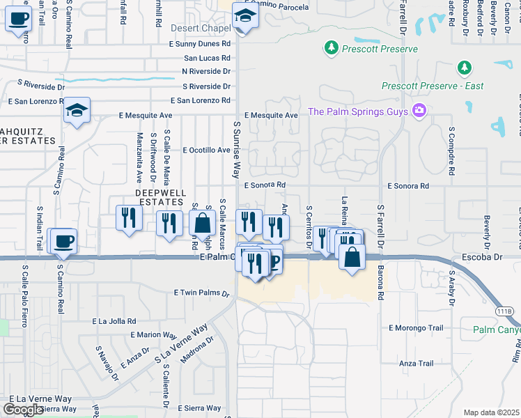 map of restaurants, bars, coffee shops, grocery stores, and more near 1732 Capri Circle in Palm Springs