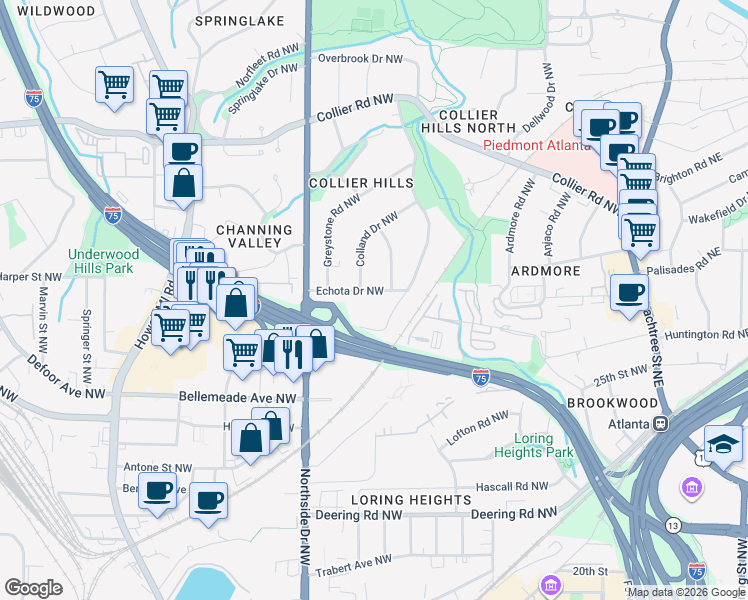map of restaurants, bars, coffee shops, grocery stores, and more near 510 Echota Drive Northwest in Atlanta