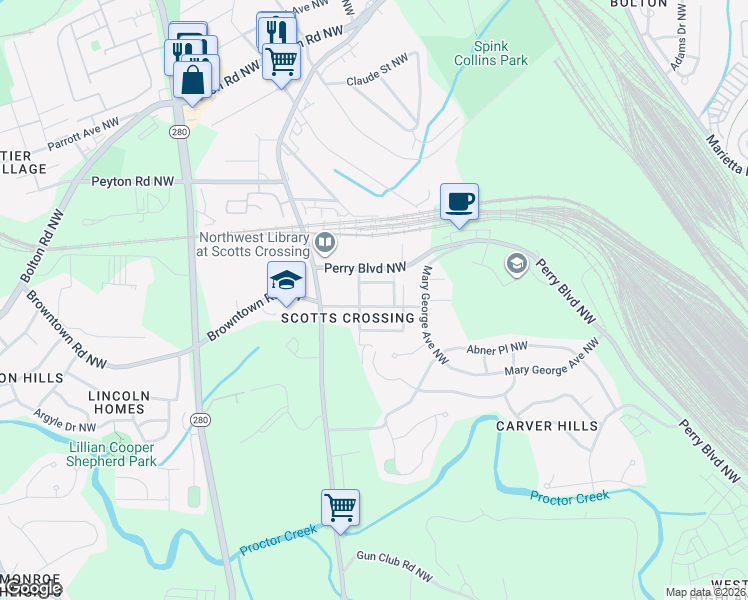 map of restaurants, bars, coffee shops, grocery stores, and more near 2435 Main Street Northwest in Atlanta