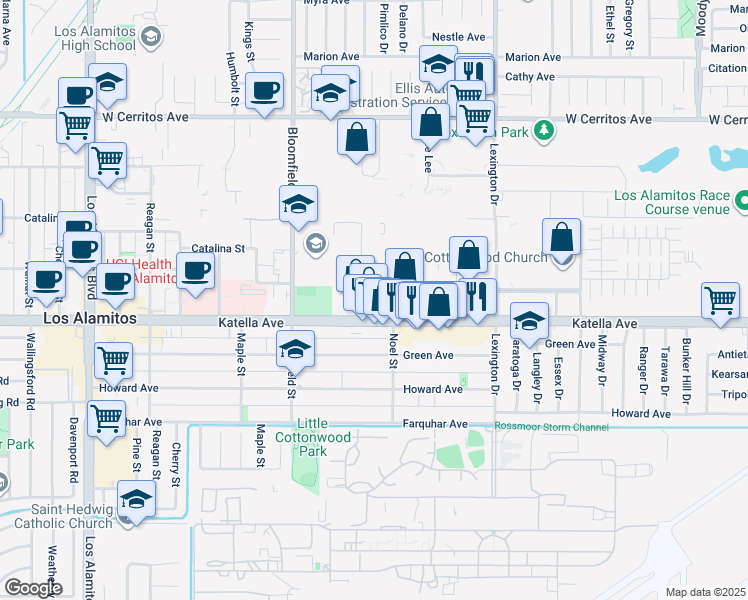 map of restaurants, bars, coffee shops, grocery stores, and more near 10928 Portal Drive in Los Alamitos