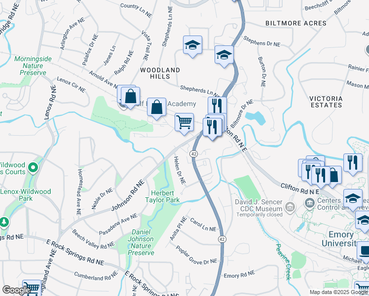map of restaurants, bars, coffee shops, grocery stores, and more near 1879 Johnson Road Northeast in Atlanta
