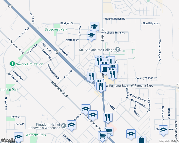 map of restaurants, bars, coffee shops, grocery stores, and more near 1292 Discovery Drive in San Jacinto