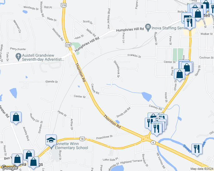 map of restaurants, bars, coffee shops, grocery stores, and more near 2090 Stonebrook Drive in Austell