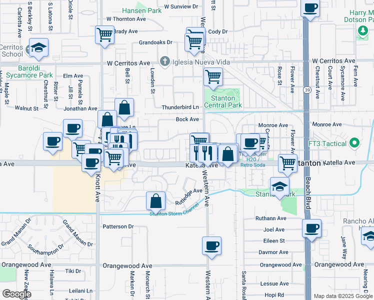 map of restaurants, bars, coffee shops, grocery stores, and more near 7444 Skyline Drive in Stanton