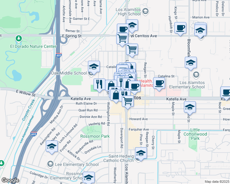 map of restaurants, bars, coffee shops, grocery stores, and more near 10931 Chestnut Street in Los Alamitos