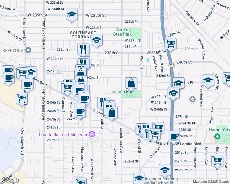 map of restaurants, bars, coffee shops, grocery stores, and more near 2025 Lomita Park Place in Lomita
